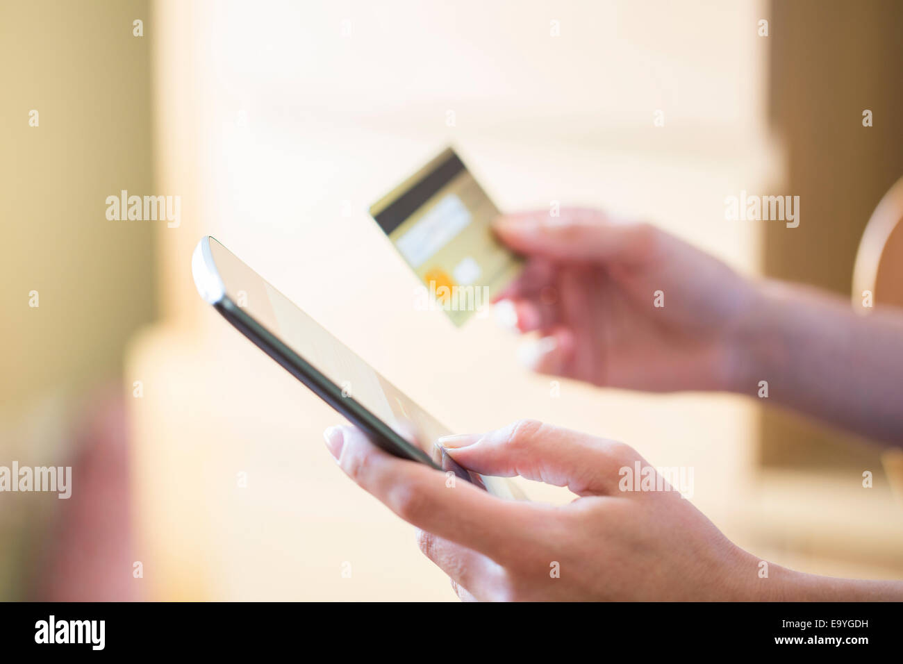 Le projet de loi bancaire Carte de crédit ordinateur commerce cellule Caucase ecommerce finances hand holding accueil clavier internet Banque D'Images