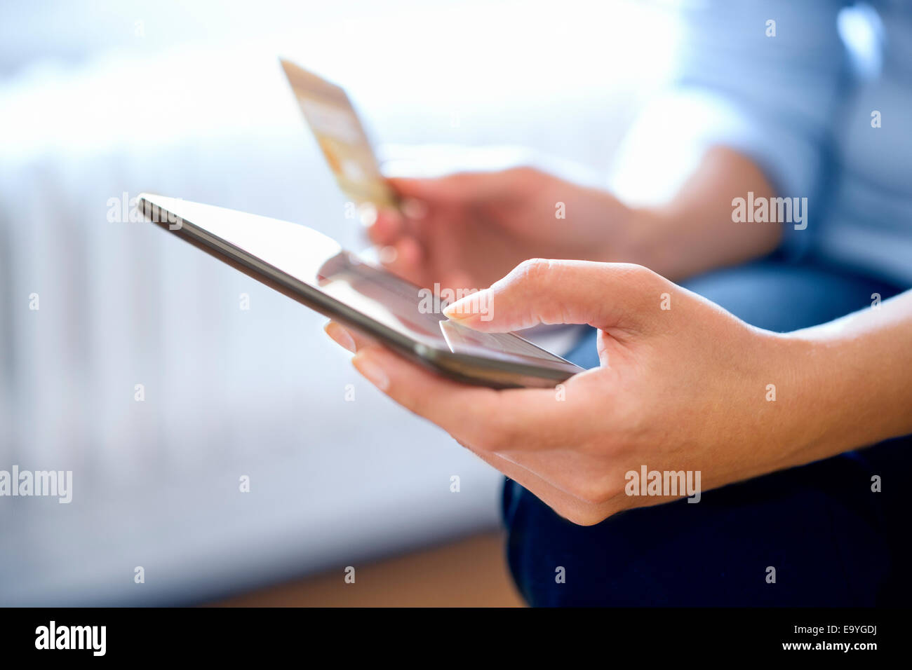 Le projet de loi bancaire Carte de crédit ordinateur commerce cellule Caucase ecommerce finances hand holding accueil clavier internet Banque D'Images