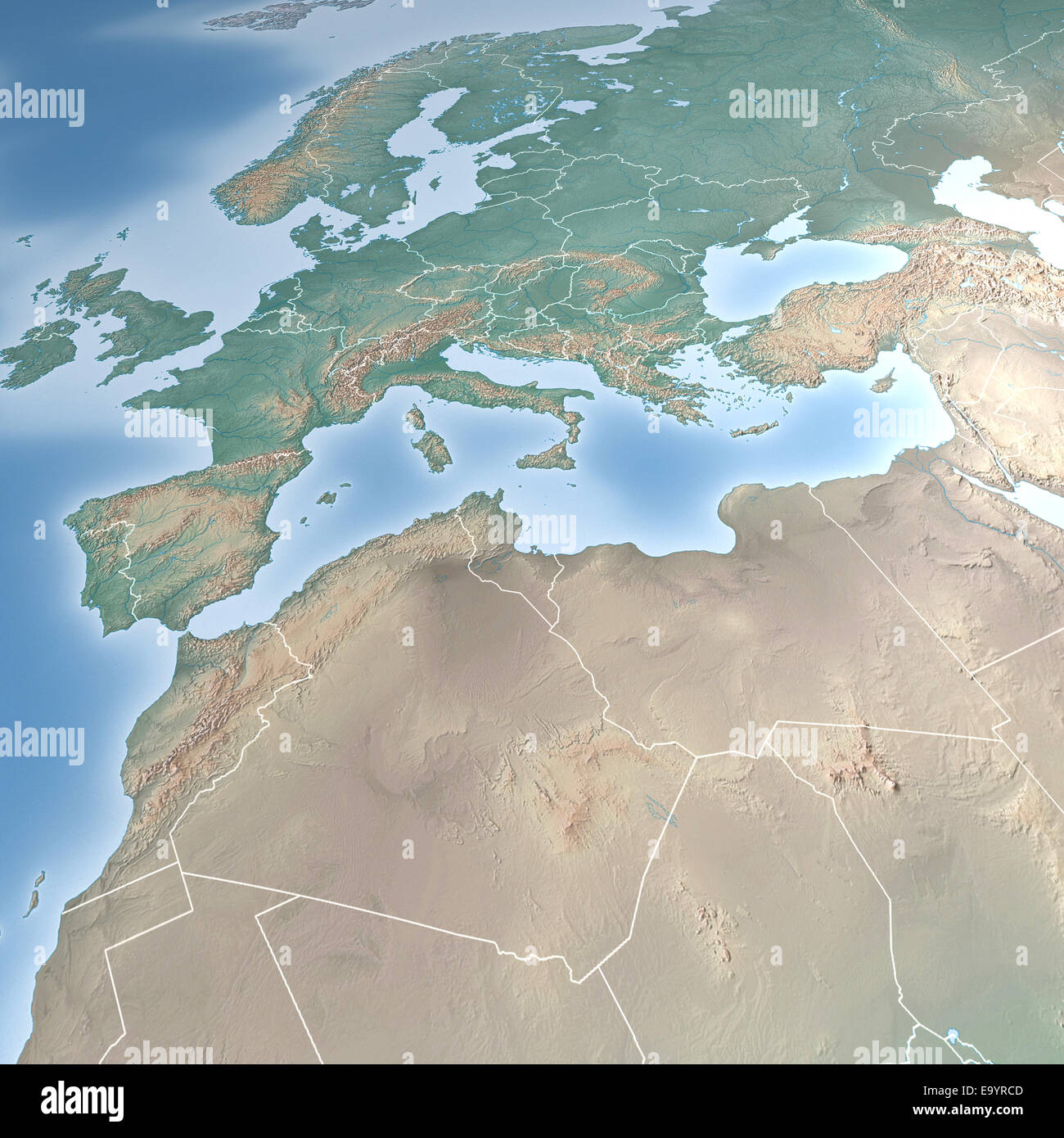 L'altitude de l'Europe, Carte relief avec des frontières nationales Banque D'Images
