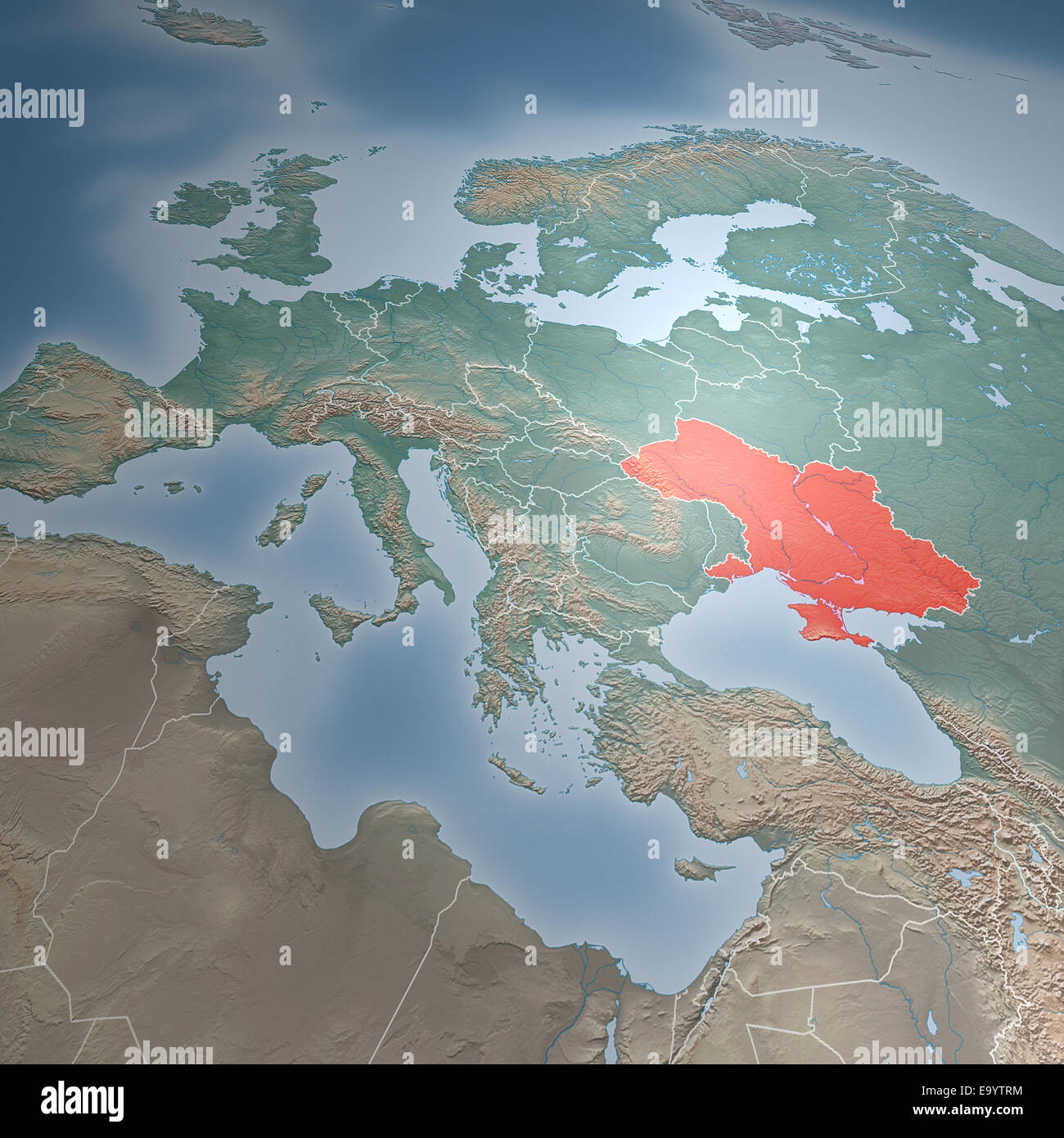 La carte européenne avec l'Ukraine marquée rouge Banque D'Images
