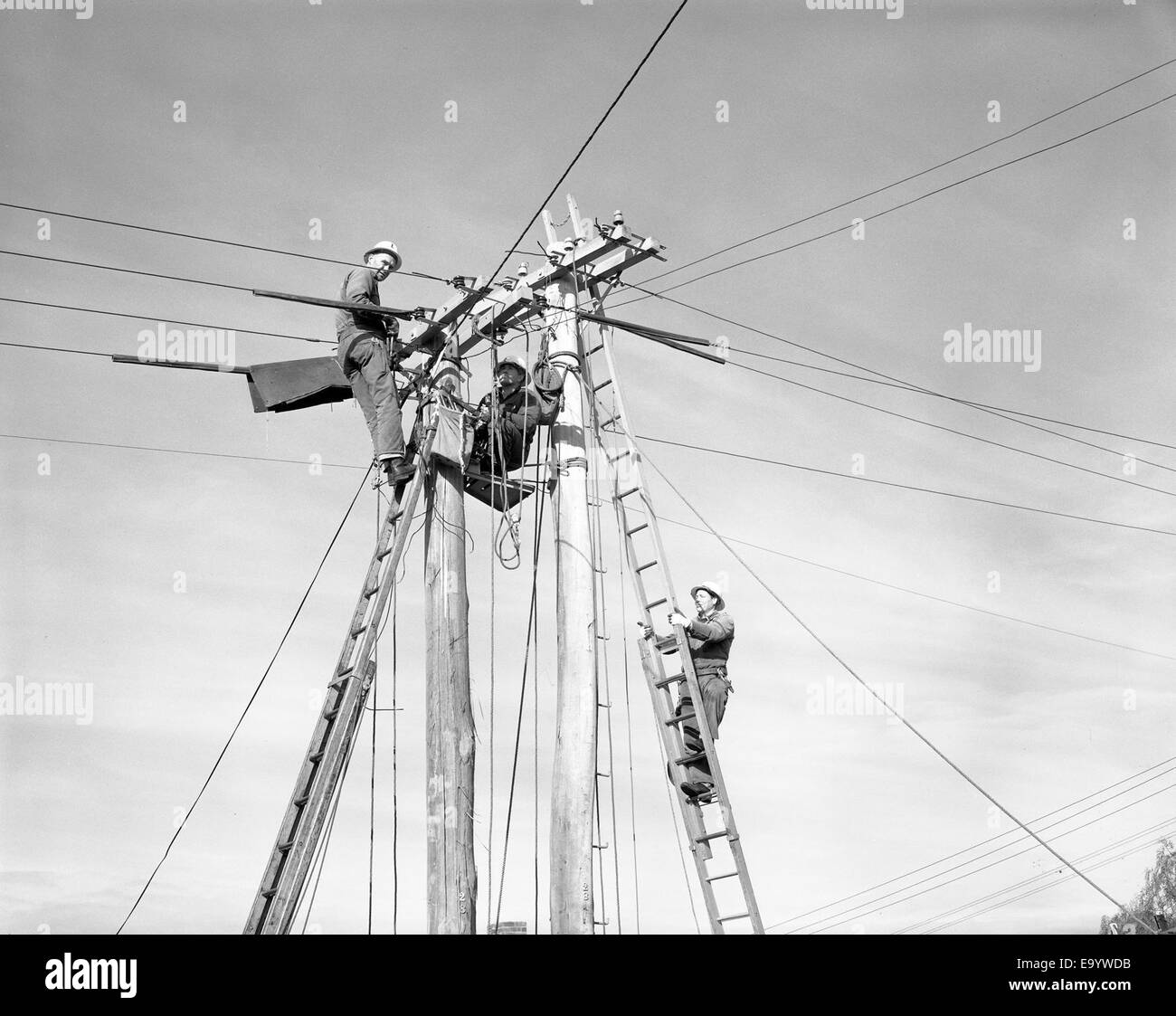 Des hommes de ligne de la Commission hydro-électrique (H.E.C.) sont vus en train d'entretenir les services électriques à l'angle des rues Bathurst et Barrack sur cette photographie de 1969. L'image met en évidence le travail accompli pour soutenir l'infrastructure électrique de Tasmanie. Banque D'Images Des hommes de ligne de la Commission hydro-électrique (H.E.C.) sont vus en train d'entretenir les services électriques à l'angle des rues Bathurst et Barrack sur cette photographie de 1969. L'image met en évidence le travail accompli pour soutenir l'infrastructure électrique de Tasmanie. Banque D'Images