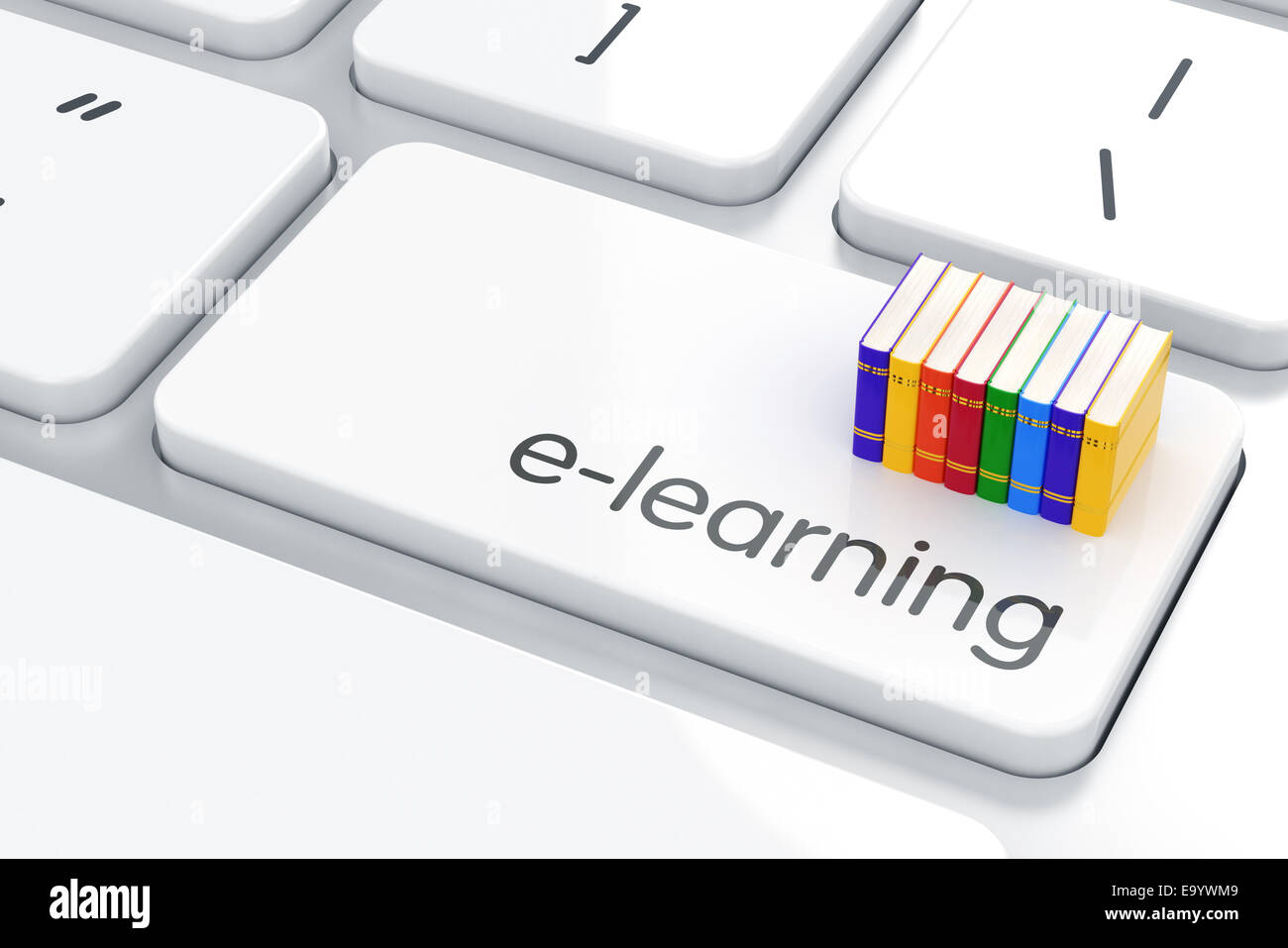 3D render of books l'icône de pile sur le clavier. Concept de l'éducation Banque D'Images