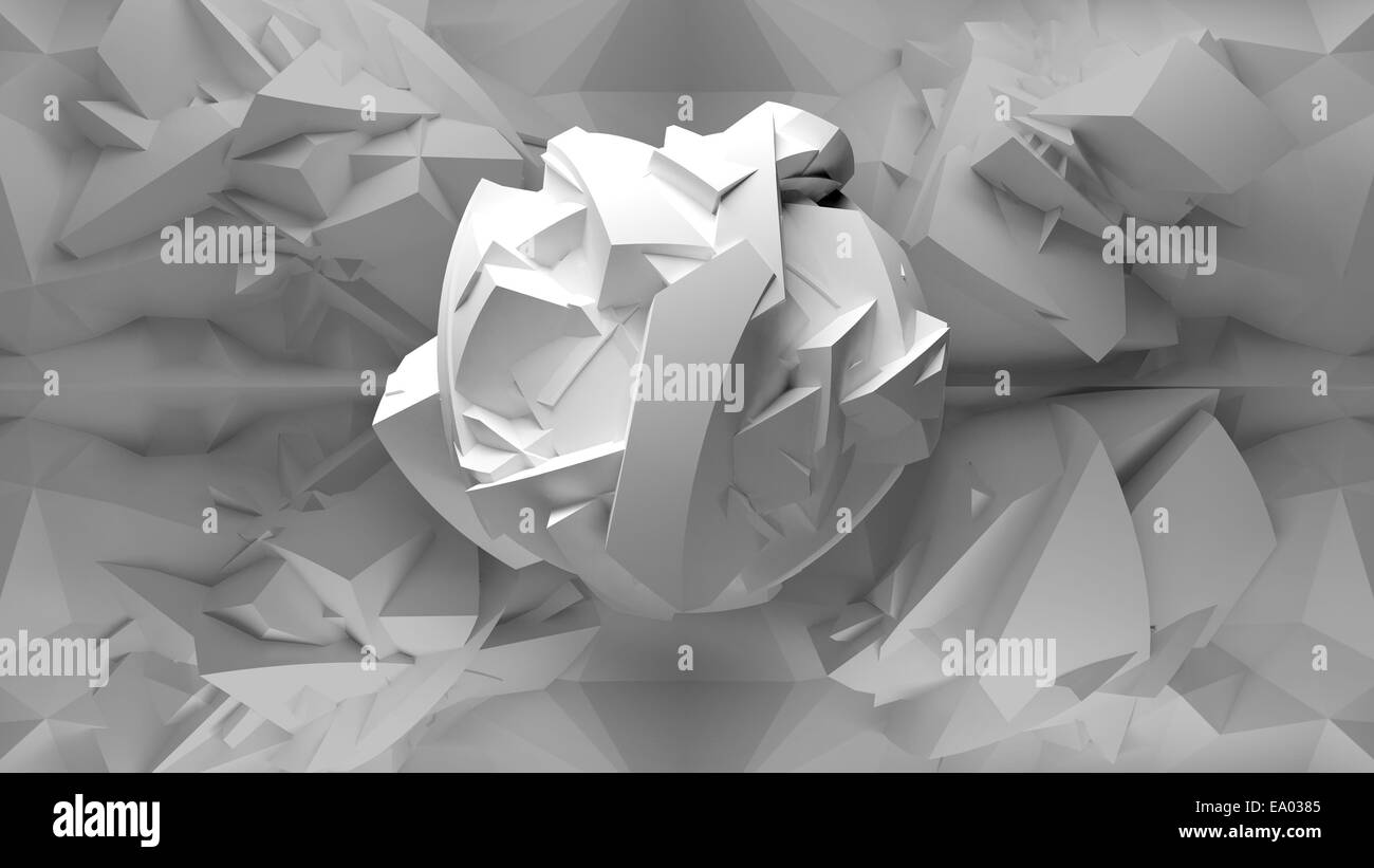 Résumé Objet 3d blanc, volant à l'intérieur de la structure polygonale chaotique intérieur vide Banque D'Images