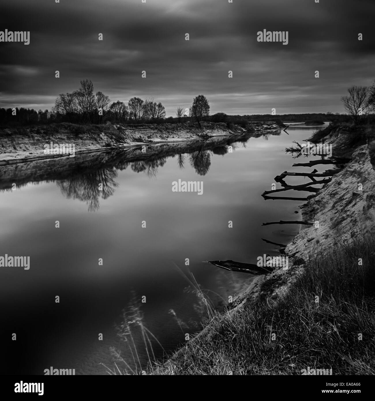 Automne rivière en soirée. Une longue exposition paysage. Le noir et blanc Banque D'Images