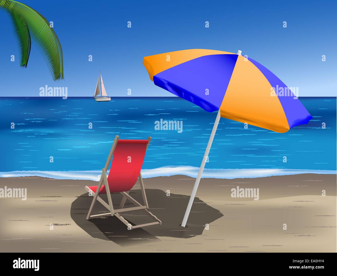 Plage tropicale avec parasol et chaise longue Illustration de Vecteur