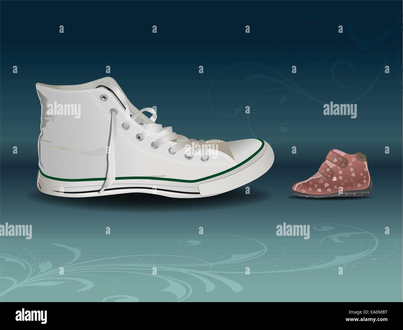 Vector illustration conceptuelle de gros de chaussures sneaker contre petit bébé, eps10 Illustration de Vecteur