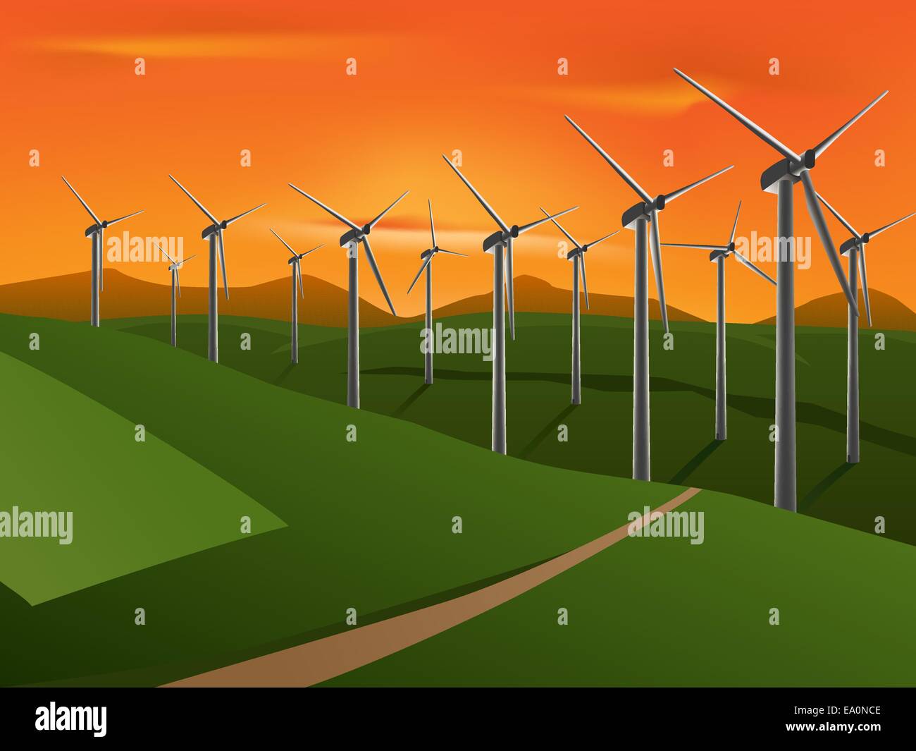 Vector illustration d'éolienne sur les champs verts dans le coucher du soleil Illustration de Vecteur