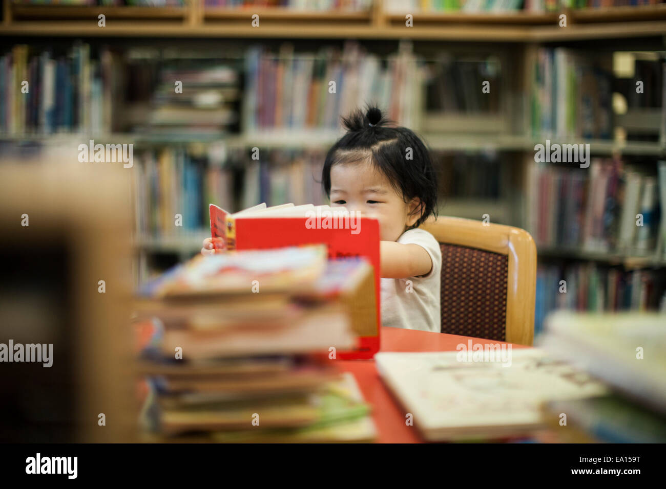 Un an baby girl reading book in library Banque D'Images