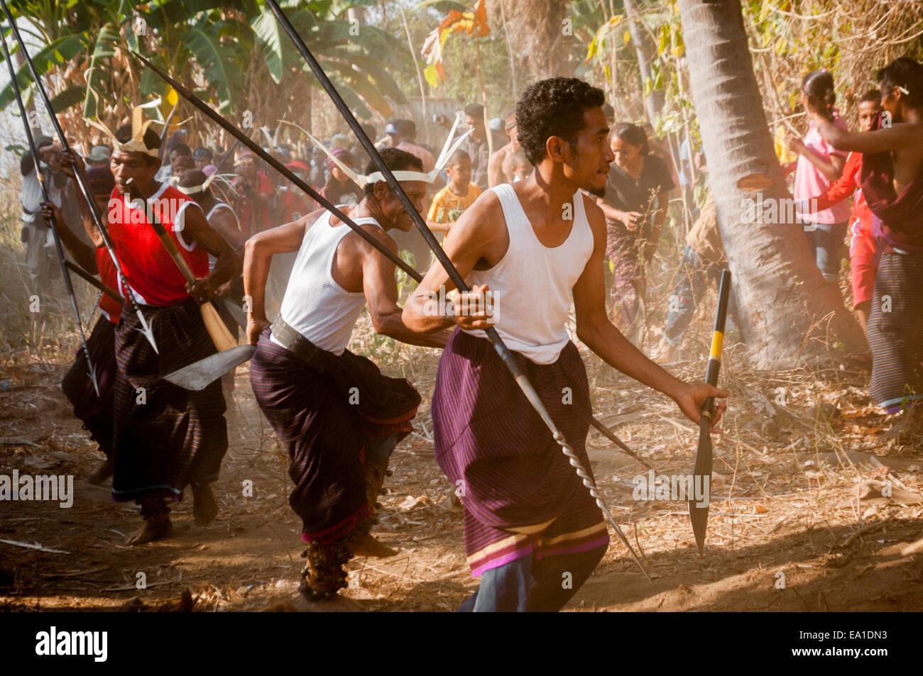 Des hommes dansant de guerre dans le village de Lewotolok sur la pente du volcan de Lewotolok, lors d'un événement culturel à l'île de Lembata, en Indonésie. Banque D'Images