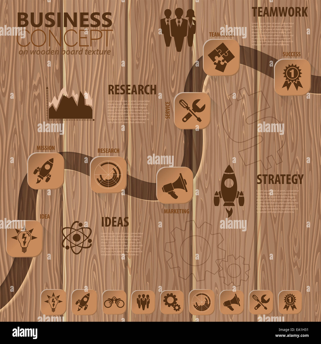 Chronologie d'infographie avec des boutons, icônes et les étapes sur planche de bois de texture. Modèle. Banque D'Images