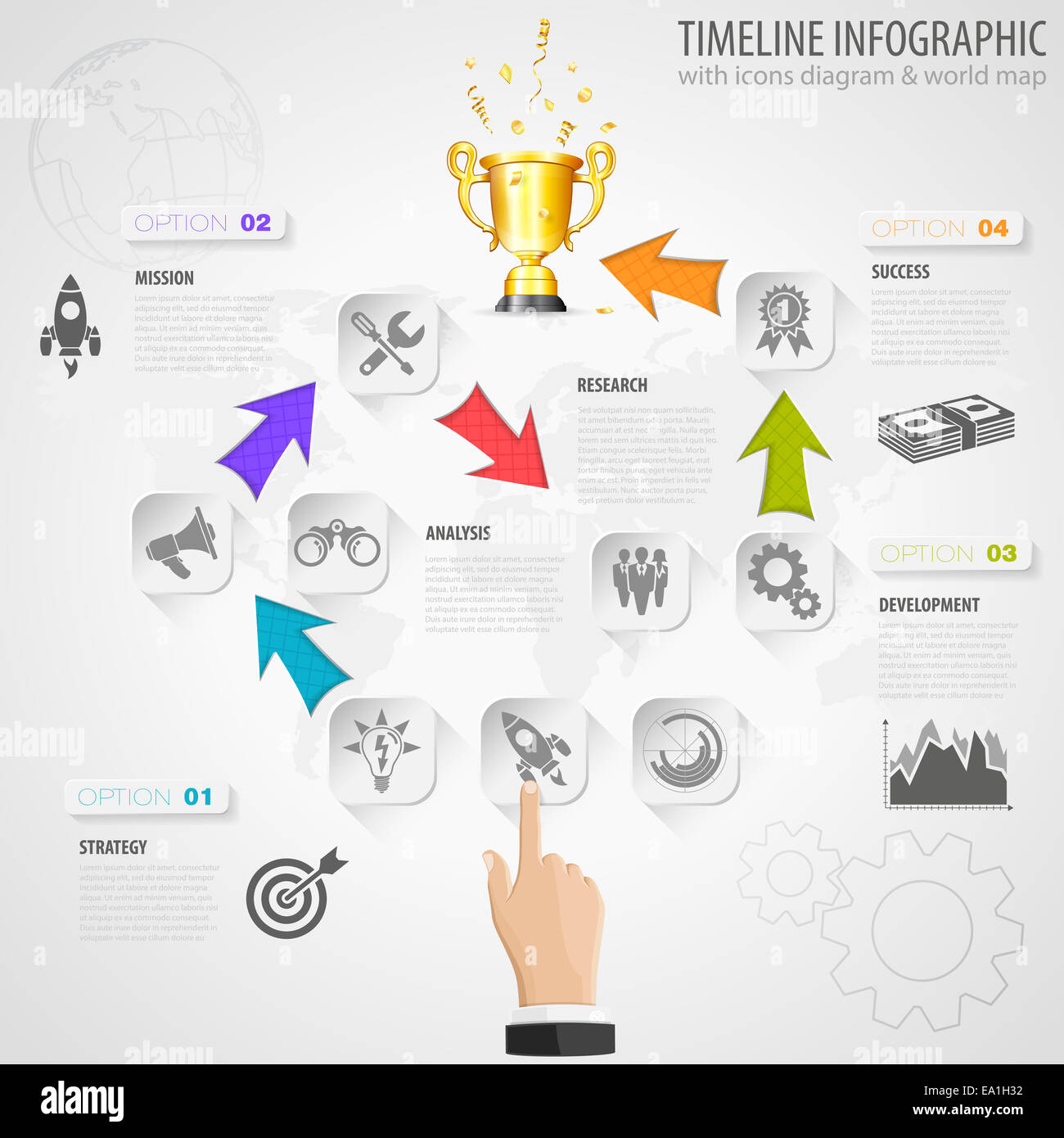 Chronologie d'infographie avec des flèches, boutons, icônes, papier Part, prix de l'or et le nombre d'options. Modèle. Banque D'Images
