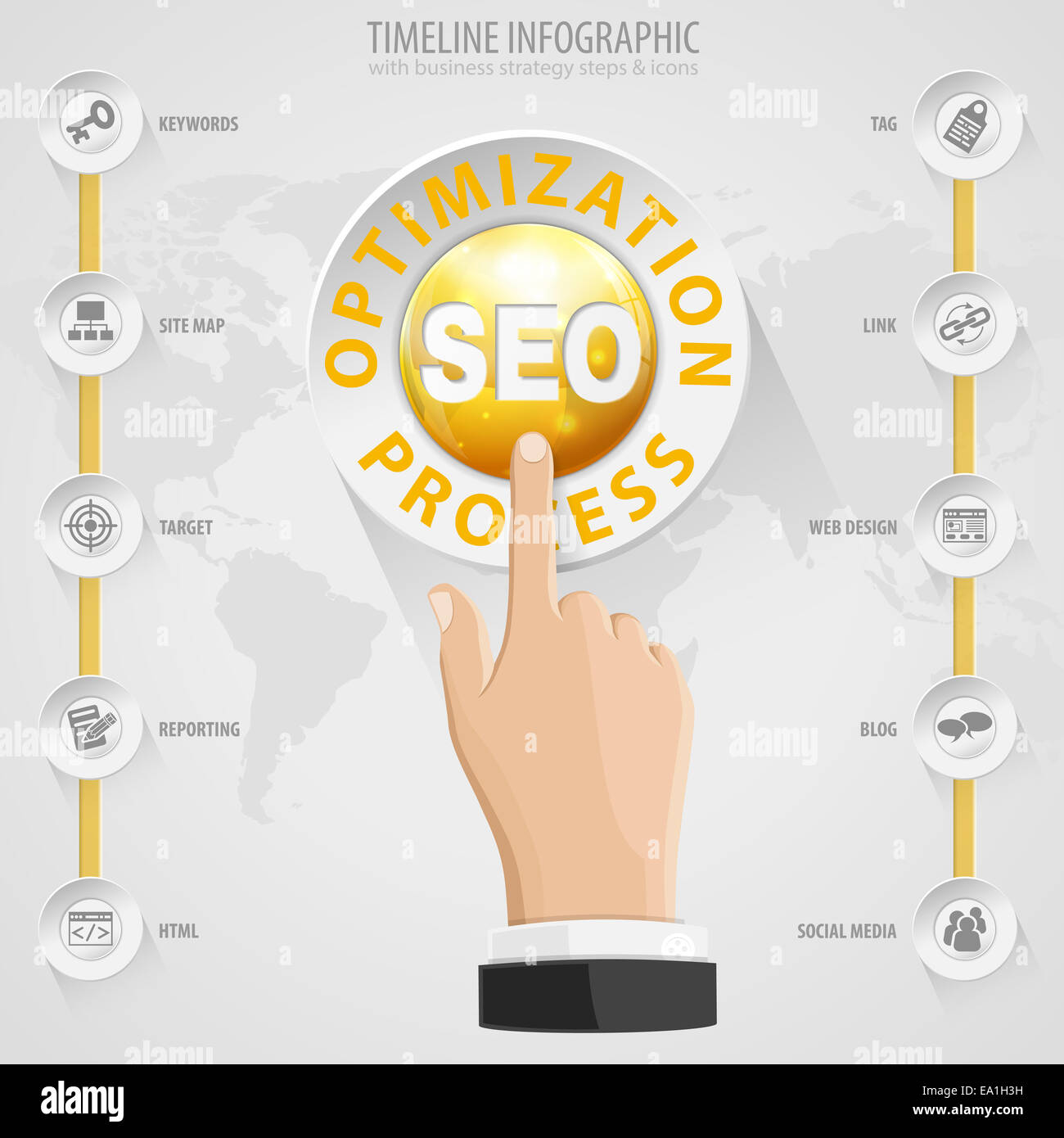 L'optimisation de Search Engine (SEO) Concept avec boutons, icônes et de la main. Modèle. Banque D'Images