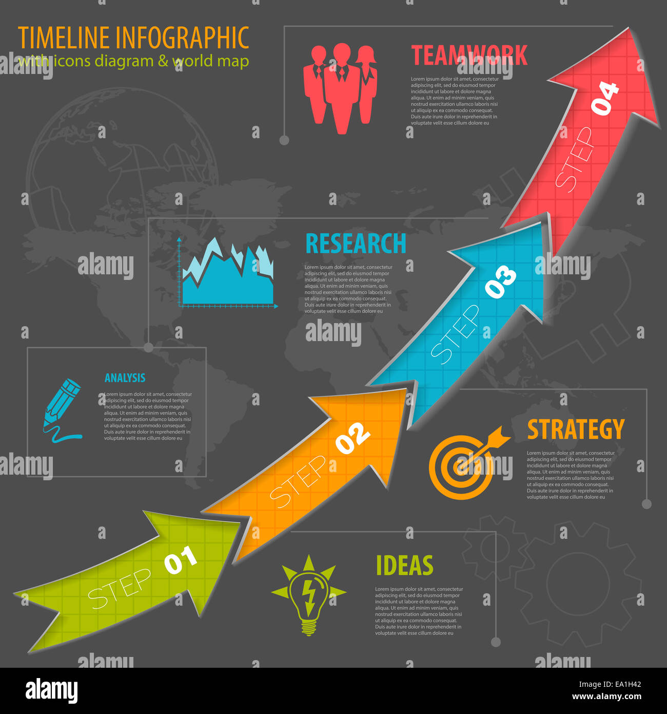 Chronologie d'infographie avec des flèches, des icônes et le nombre d'options. Template Banque D'Images