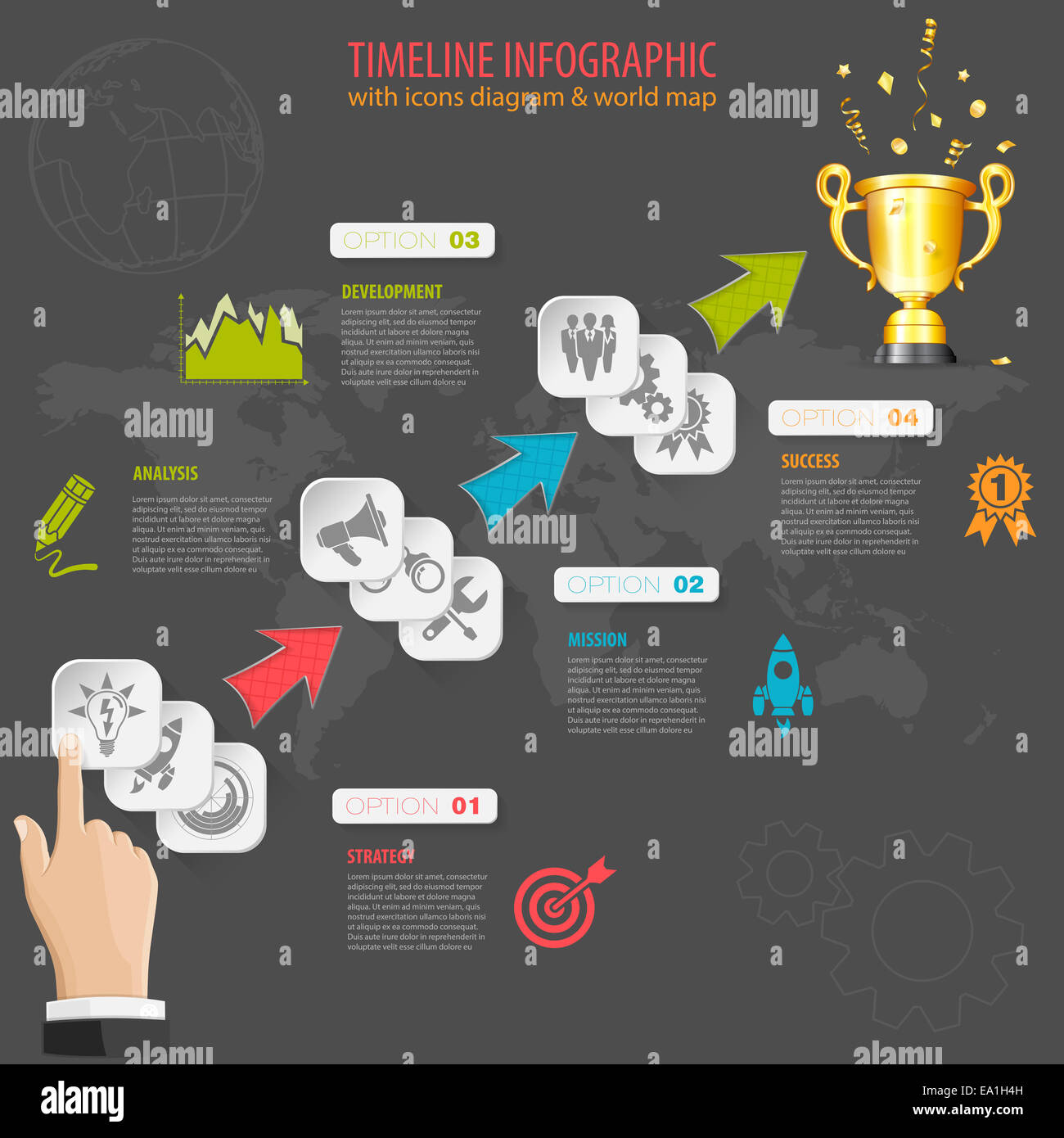 Chronologie d'infographie avec des flèches, boutons, icônes, papier Part, prix de l'or et le nombre d'options. Modèle. Banque D'Images