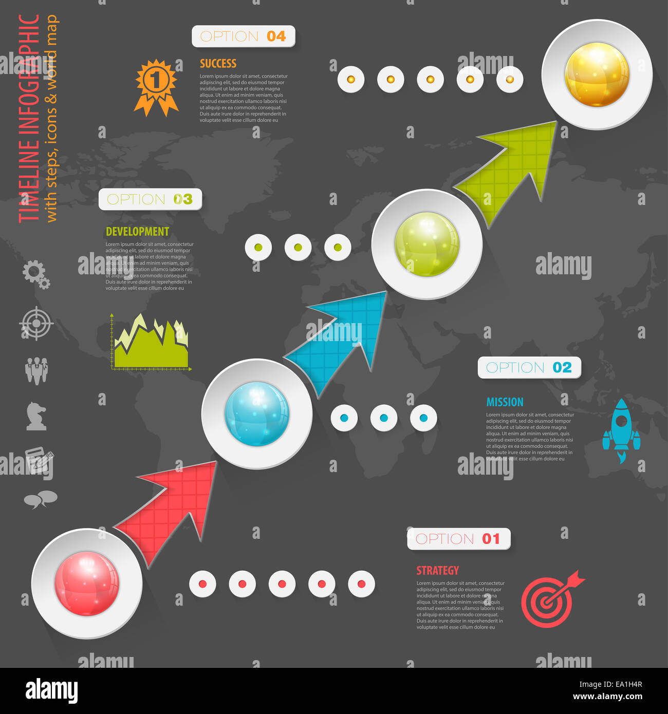 Chronologie d'infographie avec des boutons, icônes et le nombre d'options. Template Banque D'Images