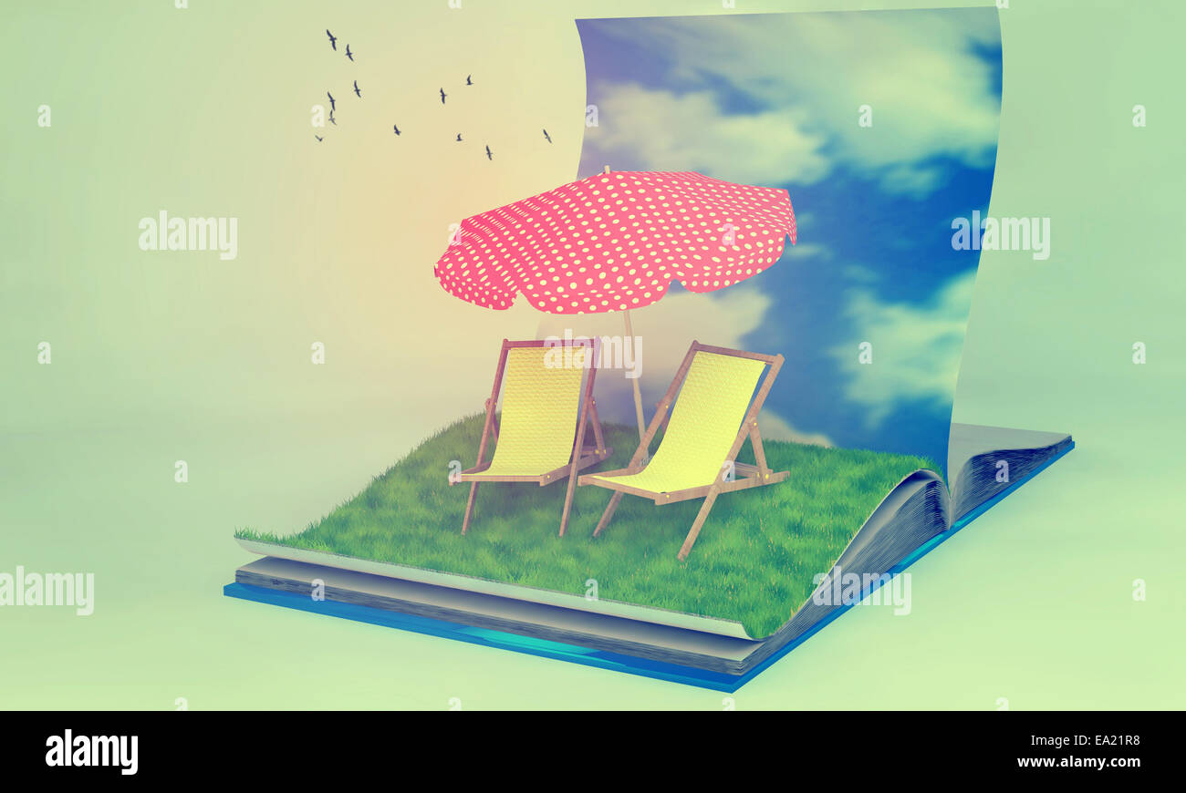 3d illustration d'un livre ouvert avec des chaises longues sur la pelouse. Voyages et vacances. Les filtres d'Instagram. Banque D'Images