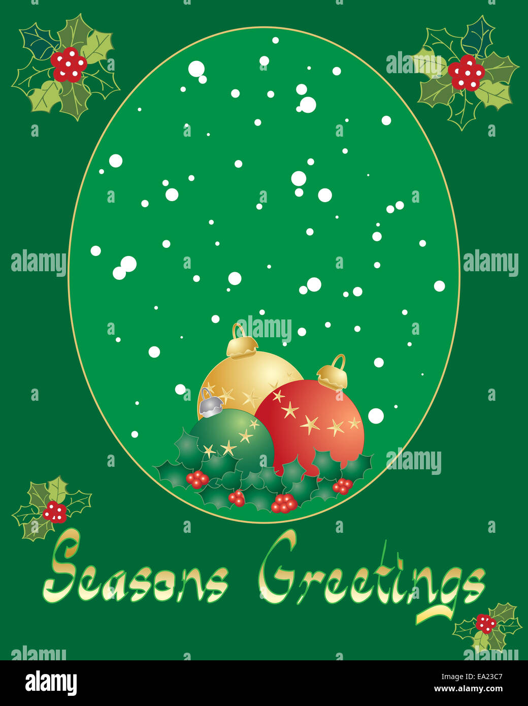 L'illustration pour la fête de Noël avec le houx, boules et les flocons et les mots meilleurs vœux sur fond vert. Banque D'Images