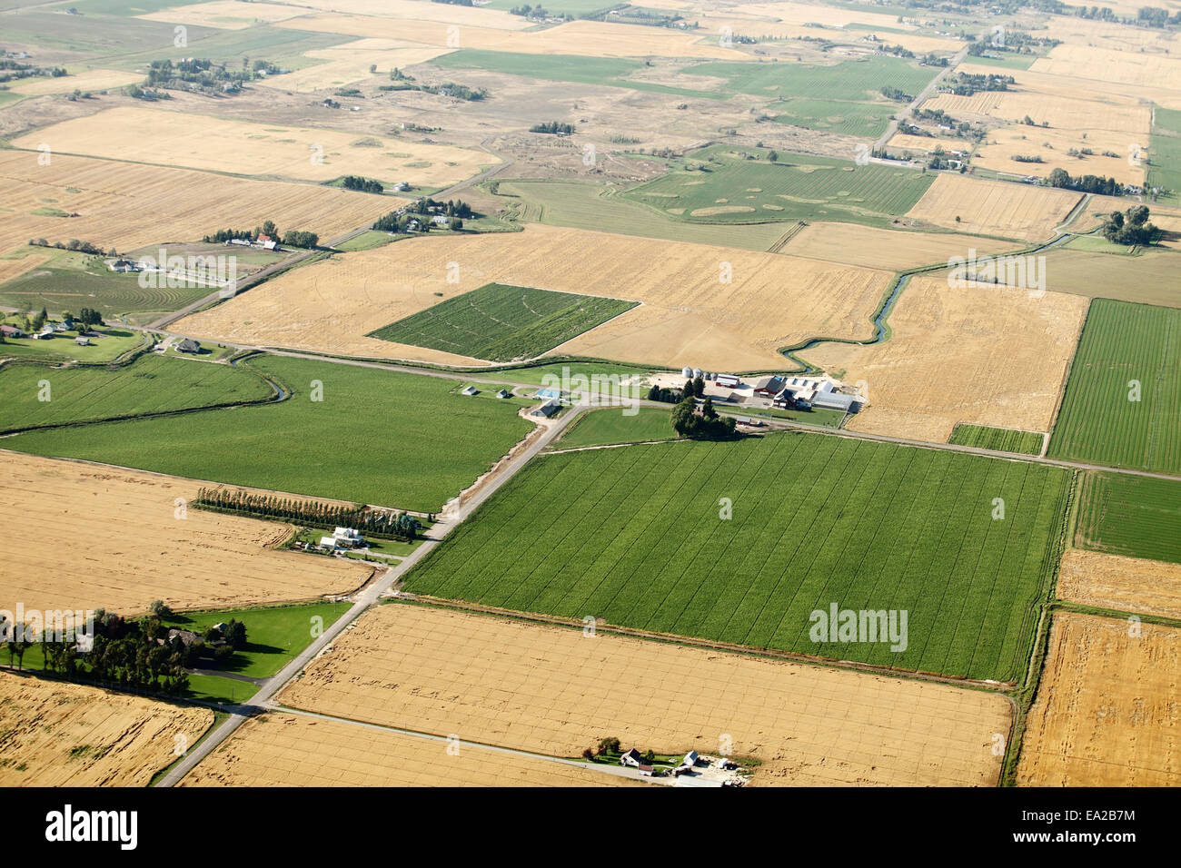 Une vue aérienne des terres agricoles avec des bras d'aspersion et d'autres méthodes d'irrigation agricole. Banque D'Images