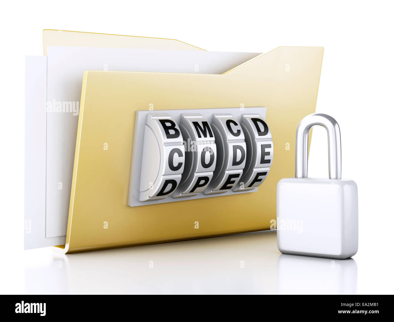 Droit de dossier jaune et serrure. Concept de sécurité des données. 3d illustration Banque D'Images