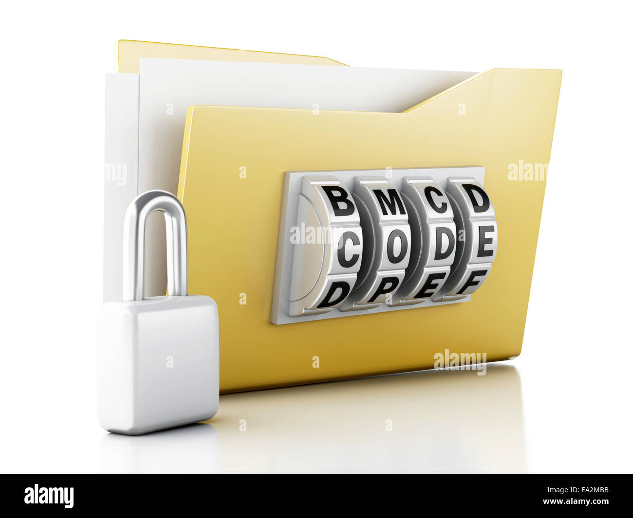 Droit de dossier jaune et serrure. Concept de sécurité des données. 3d illustration Banque D'Images
