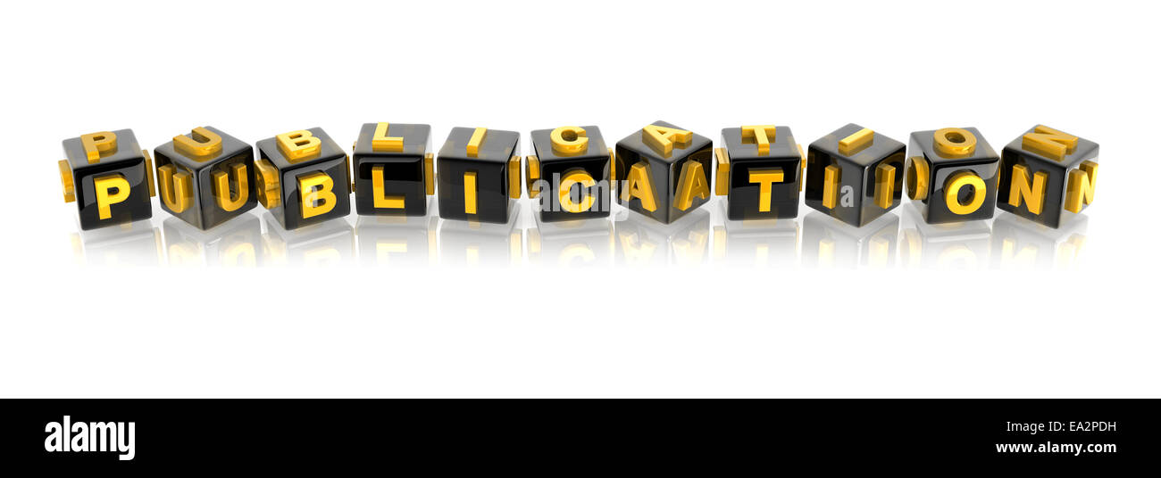 PUBLICATION du texte 3d jaune réfléchissant sur les cubes noirs. Banque D'Images