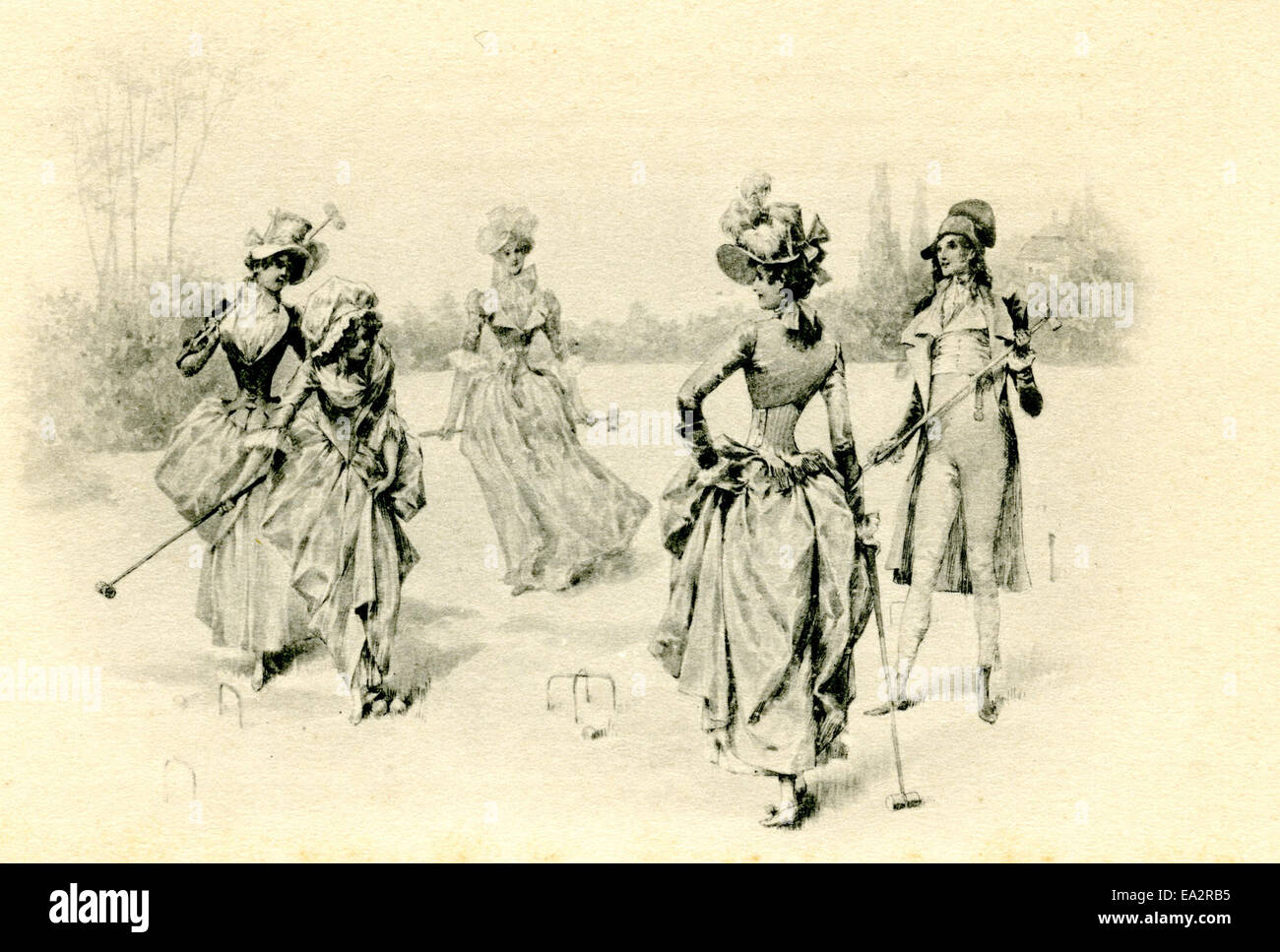 Cette carte postale allemande du début du XXe siècle représente une scène de croquet, un jeu social populaire en Europe à l'époque. L'image montre la popularité du sport, ainsi que les activités de loisirs appréciées par la classe supérieure allemande dans les années 1900 Banque D'Images