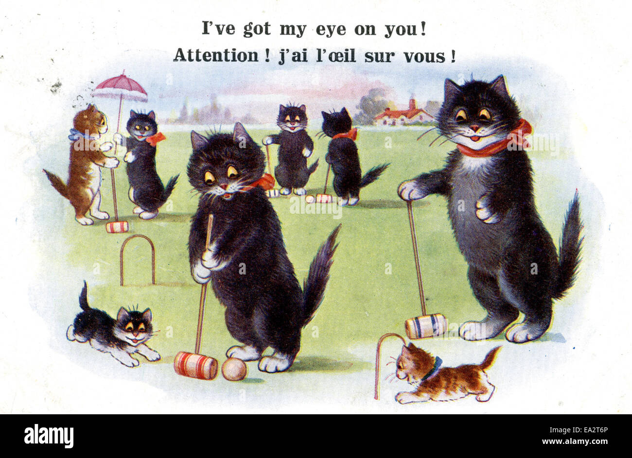 Une carte postale humoristique du début du XXe siècle montrant des chats jouant au croquet. Cette image fantaisiste capture l'humour léger de l'époque à travers l'anthropomorphisme animal dans les activités de loisirs. Banque D'Images