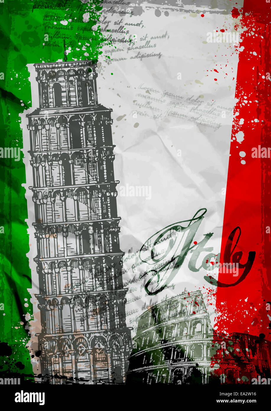 Architecture de l'Italie sur l'arrière-plan du drapeau italien. vector illustration Banque D'Images