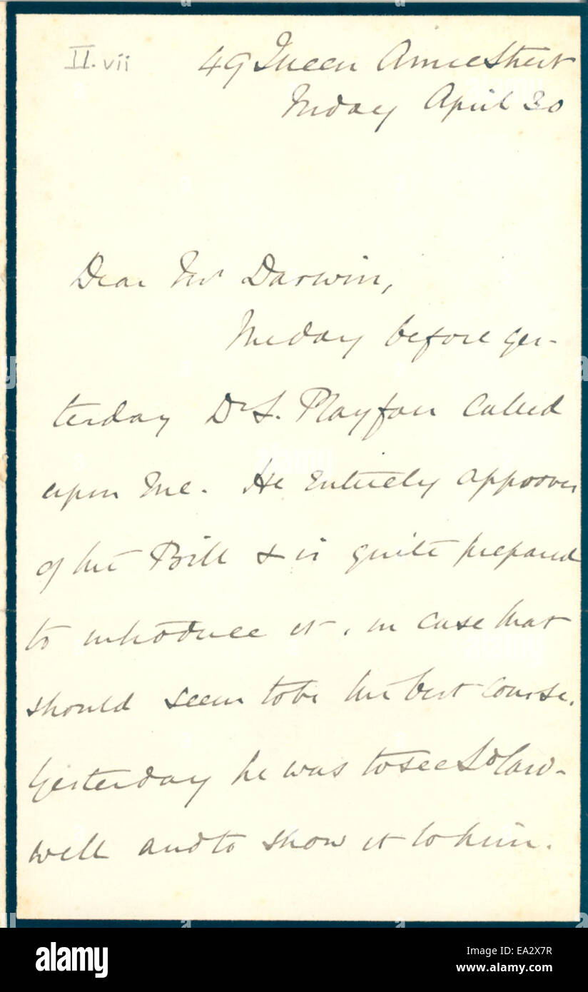 Une lettre écrite par John Burdon-Sanderson à Charles R. Darwin le 30 avril 1875. La correspondance offre un aperçu des discussions scientifiques et des échanges intellectuels entre deux figures influentes de l'histoire de la biologie. Banque D'Images