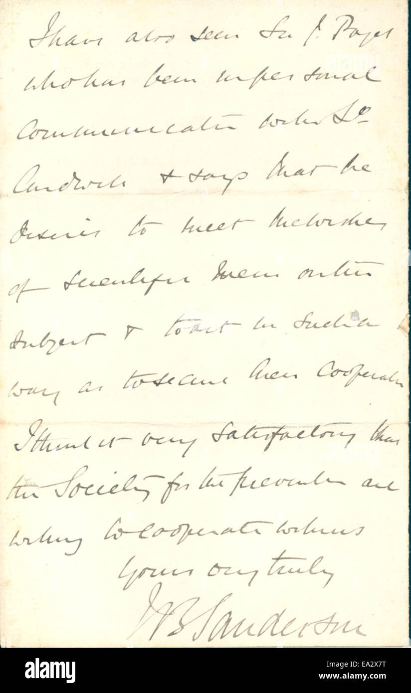 Cette lettre, datée du 30 avril 1875, est adressée par John Burdon-Sanderson à Charles Darwin. La correspondance fait partie de l'échange scientifique historique entre deux personnalités éminentes de la biologie et de la physiologie. Il offre un aperçu des discussions intellectuelles de l'époque, spécifiquement liées à la théorie de l'évolution et aux sciences naturelles. Banque D'Images