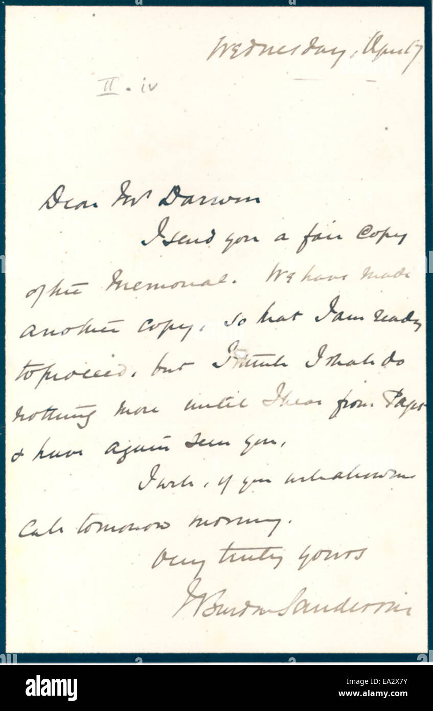 Cette lettre, écrite par John Burdon-Sanderson à Charles Darwin le 7 avril 1875, donne un aperçu de la correspondance entre deux personnalités influentes de la science. La lettre représente un moment historique significatif dans le discours scientifique. Banque D'Images