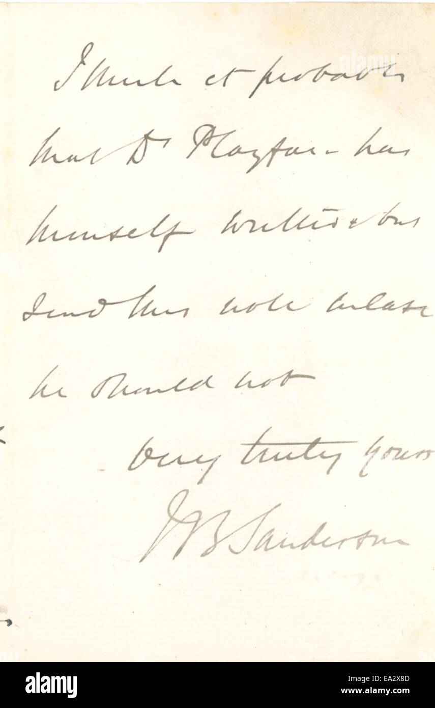 Une lettre datée du 6 mai 1875, de John Burdon-Sanderson à Charles Darwin, discutant de questions scientifiques liées aux recherches de Darwin et fournissant des informations sur leur correspondance. Banque D'Images