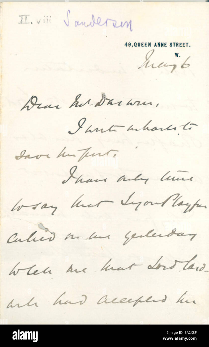 Cette lettre de John Burdon-Sanderson à Charles Darwin, datée du 6 mai 1875, est un document historique précieux qui donne un aperçu des échanges intellectuels entre ces deux personnalités éminentes de la science. Banque D'Images