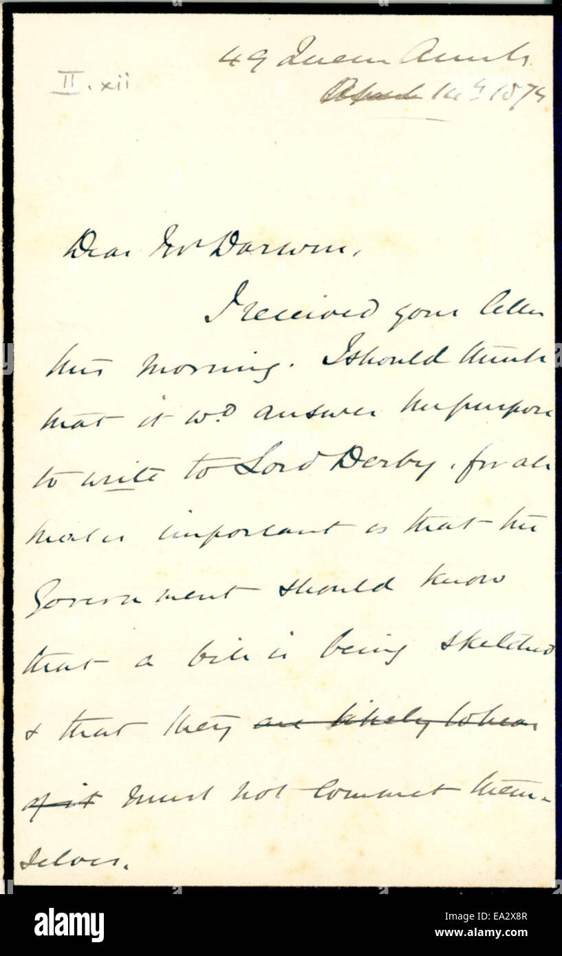 Cette lettre de John Burdon-Sanderson à Charles Darwin, datée du 14 avril 1875, donne un aperçu de la correspondance scientifique entre ces deux figures clés de l’histoire de la biologie, notamment en ce qui concerne l’étude de la physiologie et de l’évolution. Banque D'Images