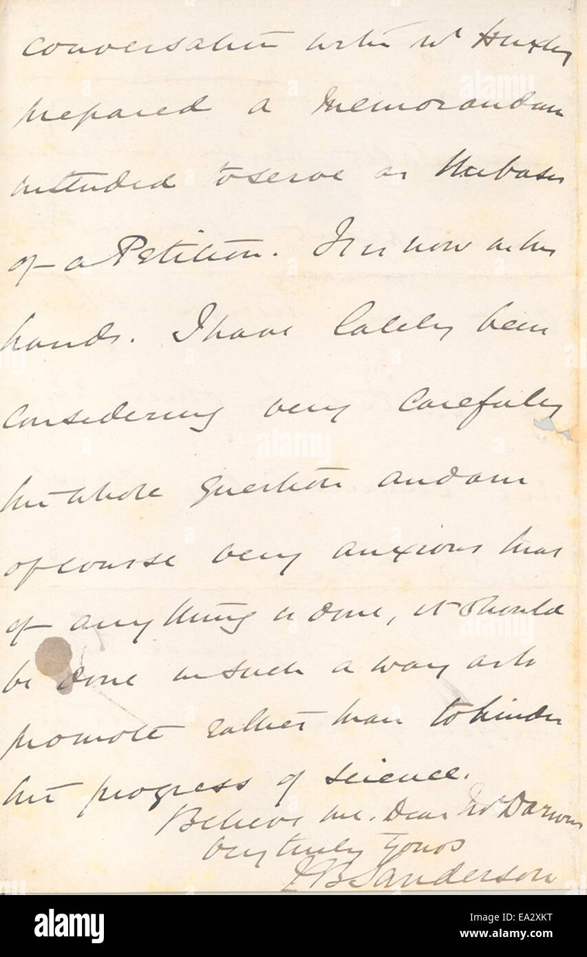 Cette lettre de John Burdon-Sanderson à Charles Darwin, datée du 12 février 1875, donne un aperçu de leur correspondance. Burdon-Sanderson était un physiologiste éminent, et son échange avec Darwin reflète les conversations intellectuelles de la période sur l'évolution et la science. Banque D'Images