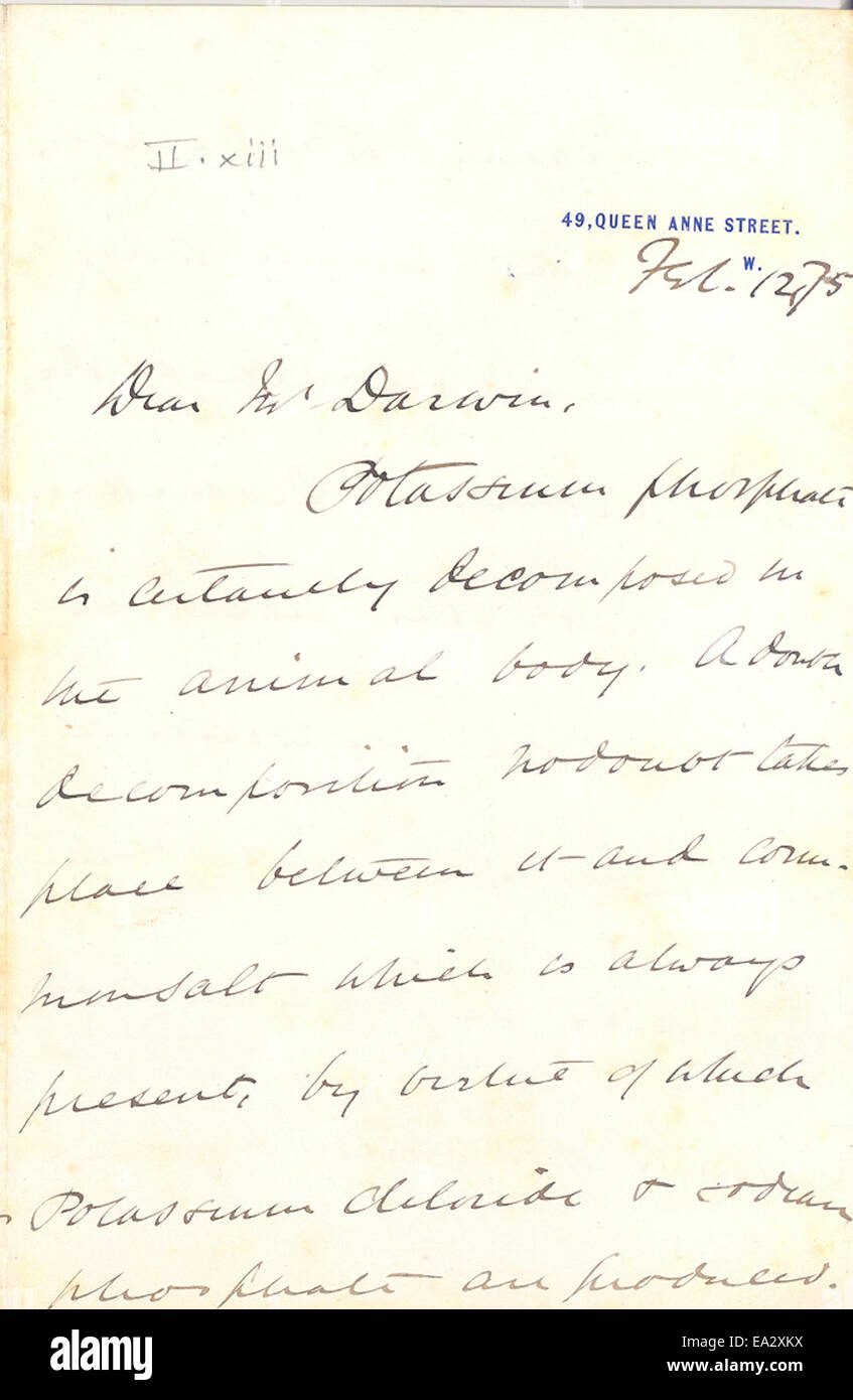 Une lettre écrite par John Burdon-Sanderson à Charles Darwin le 12 février 1875, donnant un aperçu des discussions scientifiques de l'époque. Banque D'Images