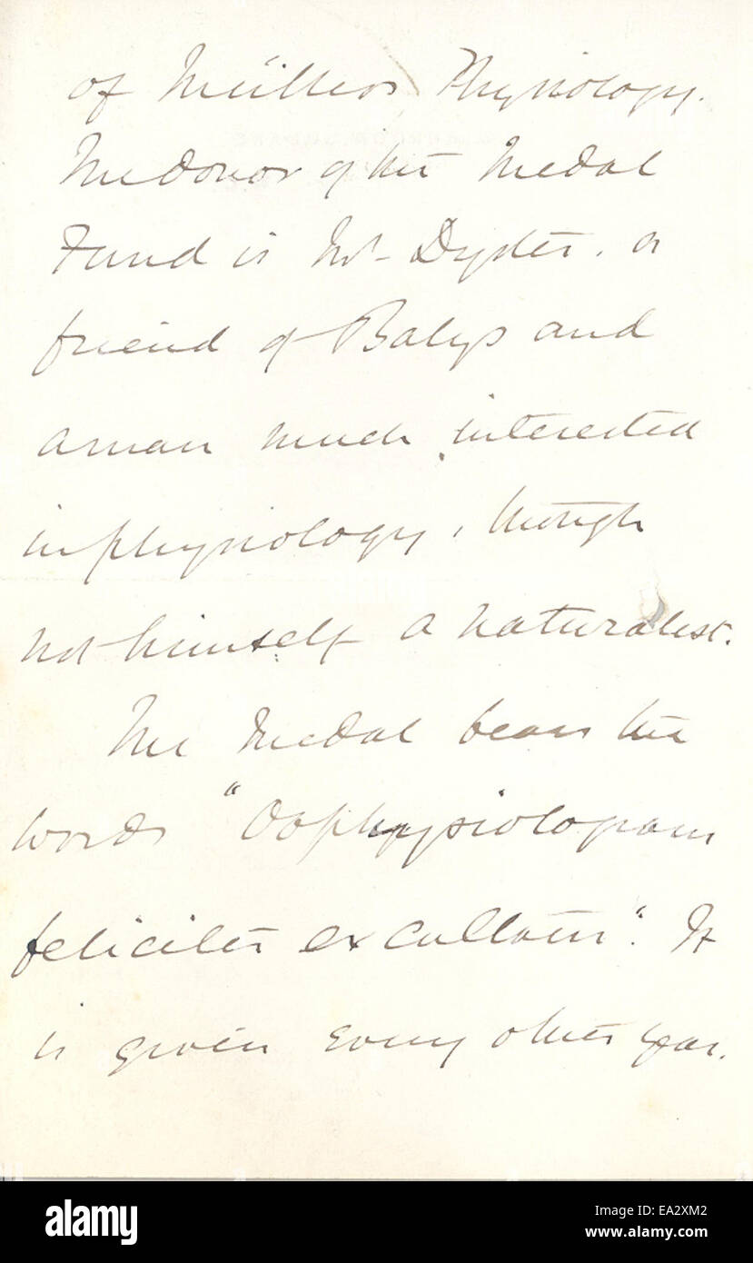 Cette lettre de John Burdon-Sanderson à Charles R. Darwin, datée du 14 mai 1879, traite de sujets scientifiques de l'époque, reflétant la correspondance entre des personnalités éminentes du domaine de la biologie et des sciences naturelles. Il donne un aperçu des échanges intellectuels au cours du XIXe siècle et met en évidence la nature collaborative du progrès scientifique. Banque D'Images