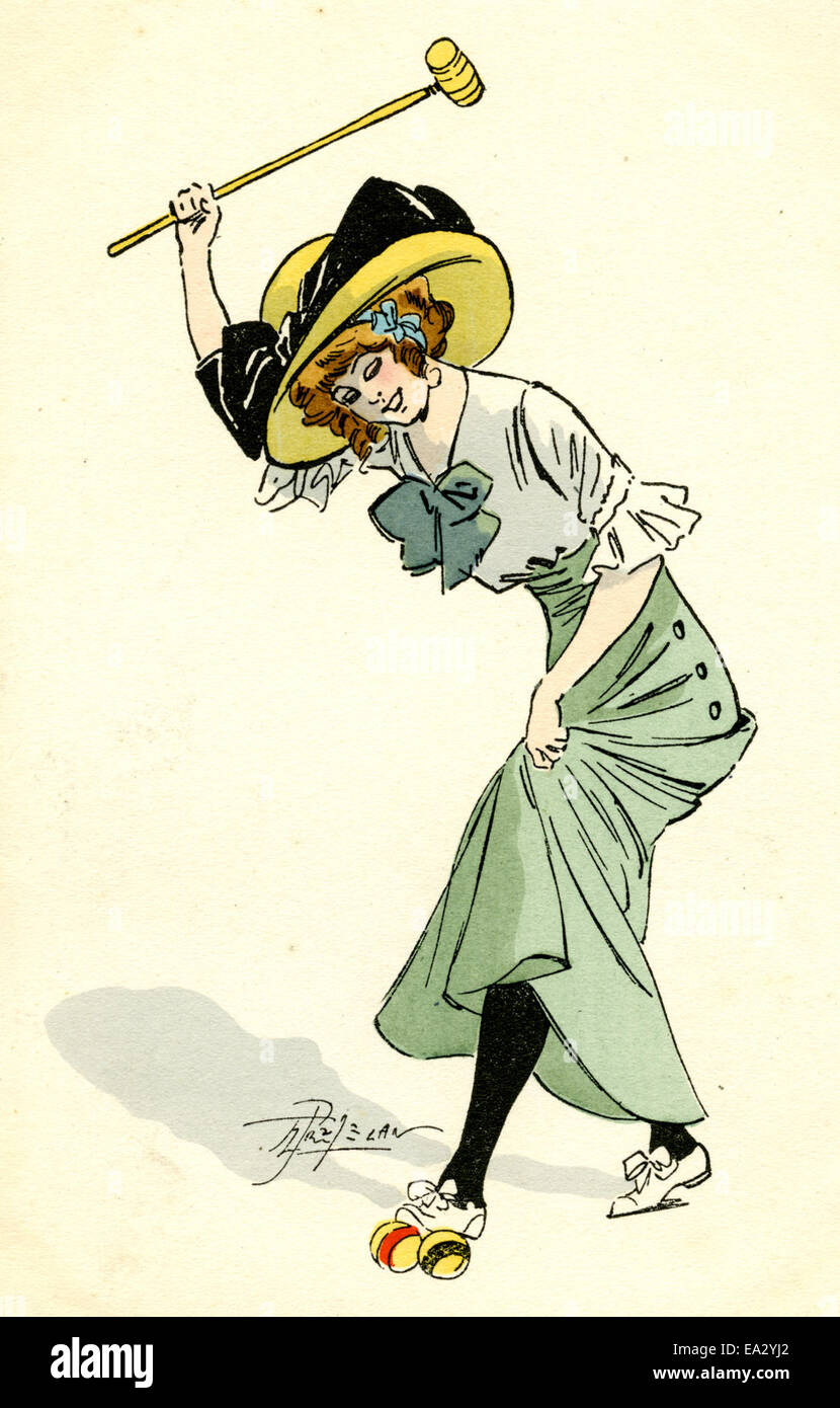 Cette carte postale vintage représente une femme jouant au croquet, capturant le passe-temps tranquille dans un cadre de jardin. L'image reflète les activités sociales et récréatives du début du XXe siècle. Banque D'Images
