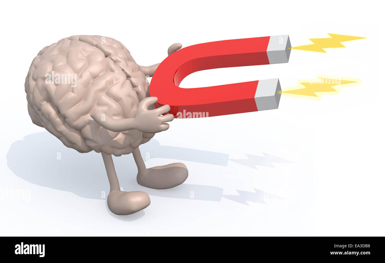 Cerveau humain avec les bras, les jambes et l'aimant sur les mains, 3d illustration Banque D'Images