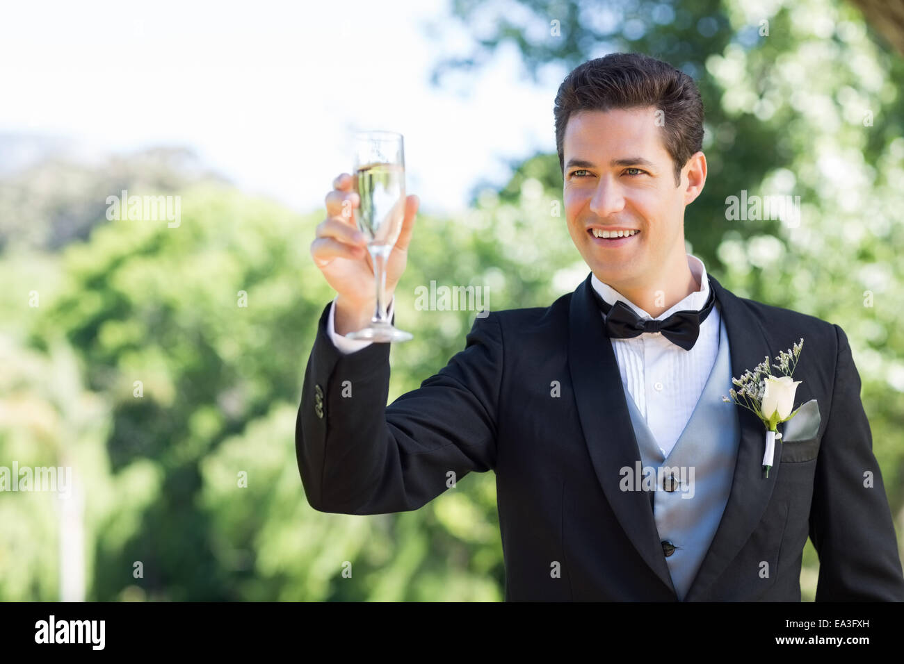 Groom toasting champagne flute in garden Banque D'Images