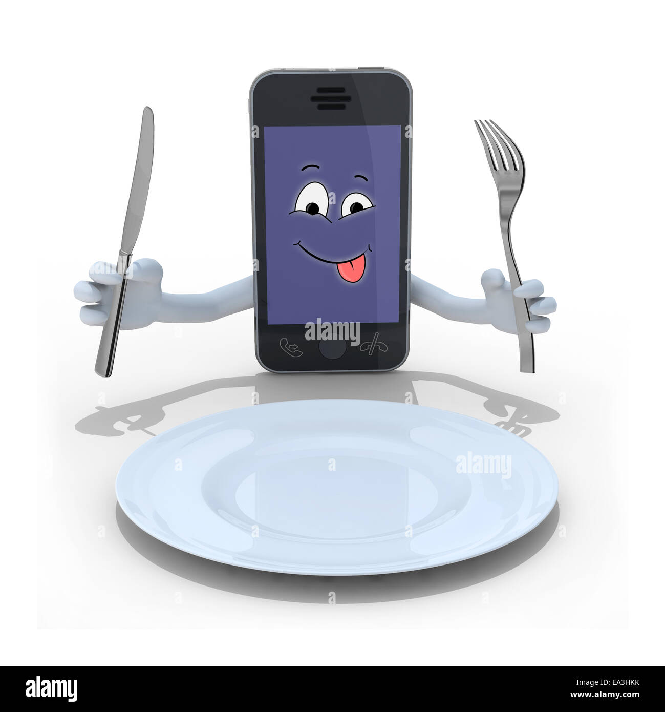 Smartphone avec les mains, les ustensiles en main et visage cartoon en face d'une assiette vide, 3d illustration Banque D'Images