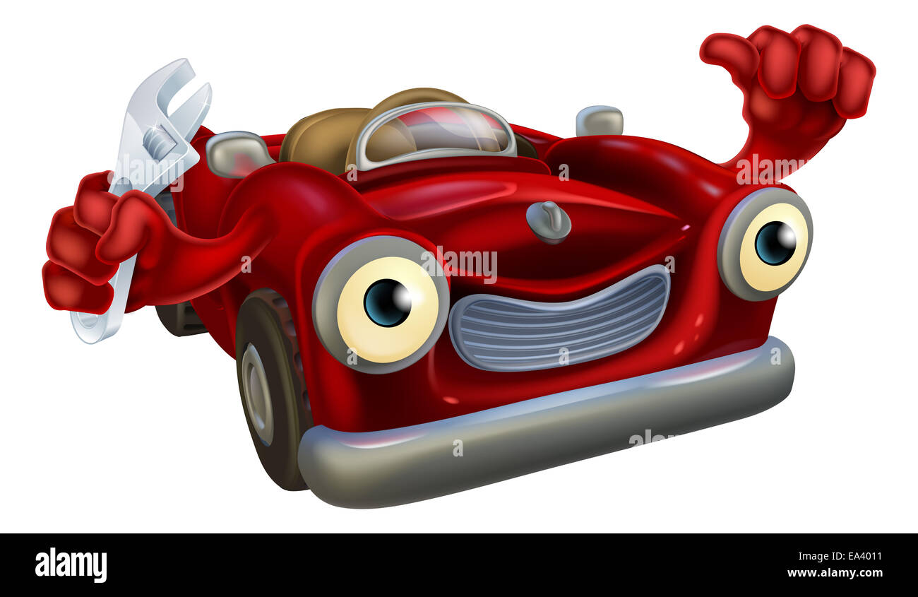 Cartoon red convertible voiture de sport classique auto réparation auto mechanic holding de caractères d'une clé et de donner un coup de pouce geste Banque D'Images