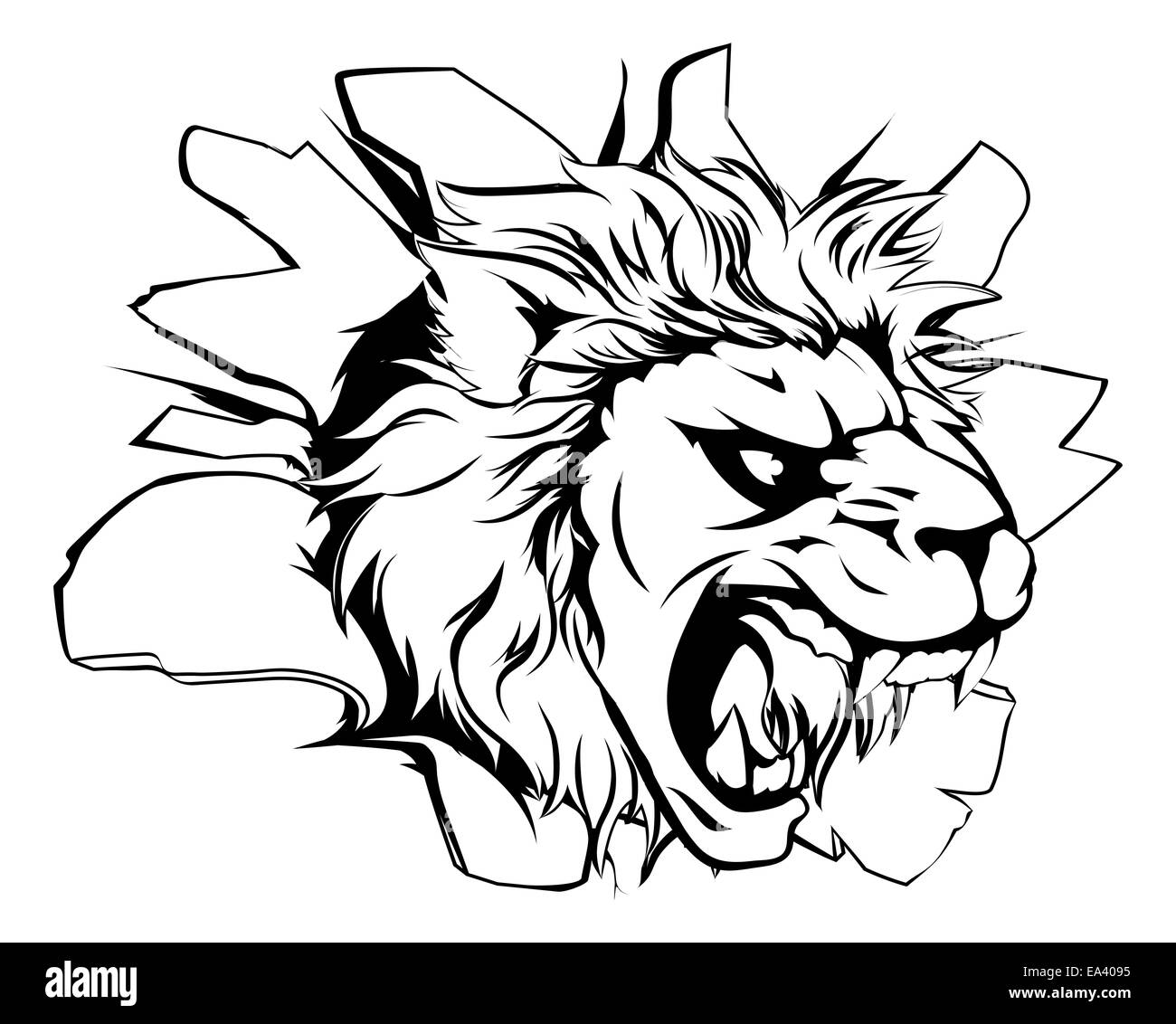 Mascotte lion féroce caricature personnage animal briser un mur Banque D'Images