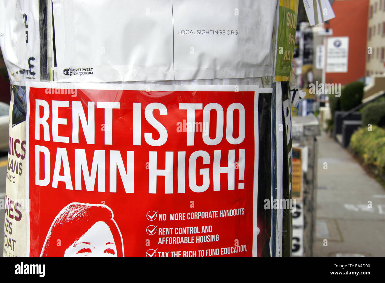 Le loyer est trop élevé ! Poster à Seattle, États-Unis Banque D'Images