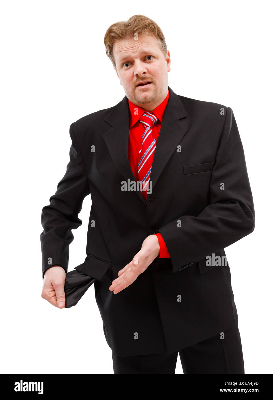 Triste, pauvre homme montrant son complètement vide poche Banque D'Images