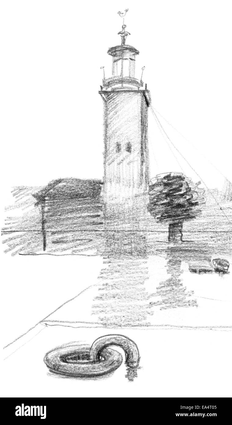 Hôtel de ville de Stockholm, dessin au crayon noir et blanc. Banque D'Images