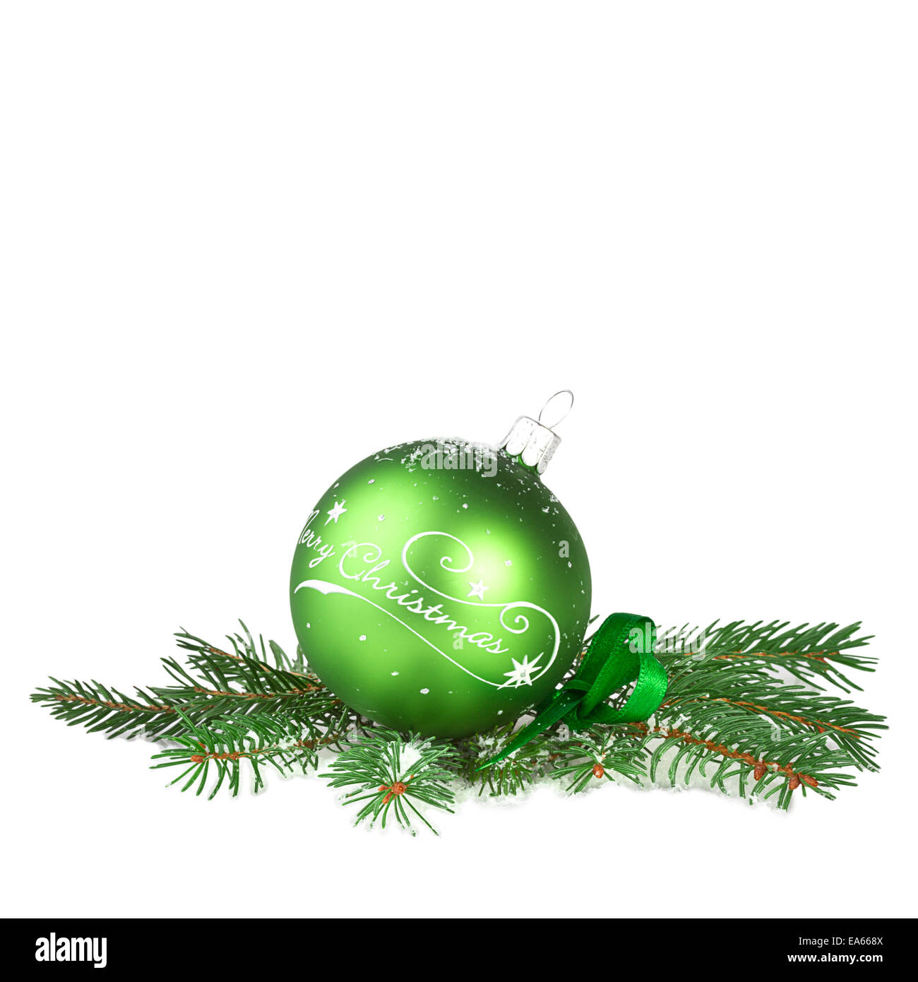 Décoration de Noël, boule verte avec des branches de sapin Banque D'Images