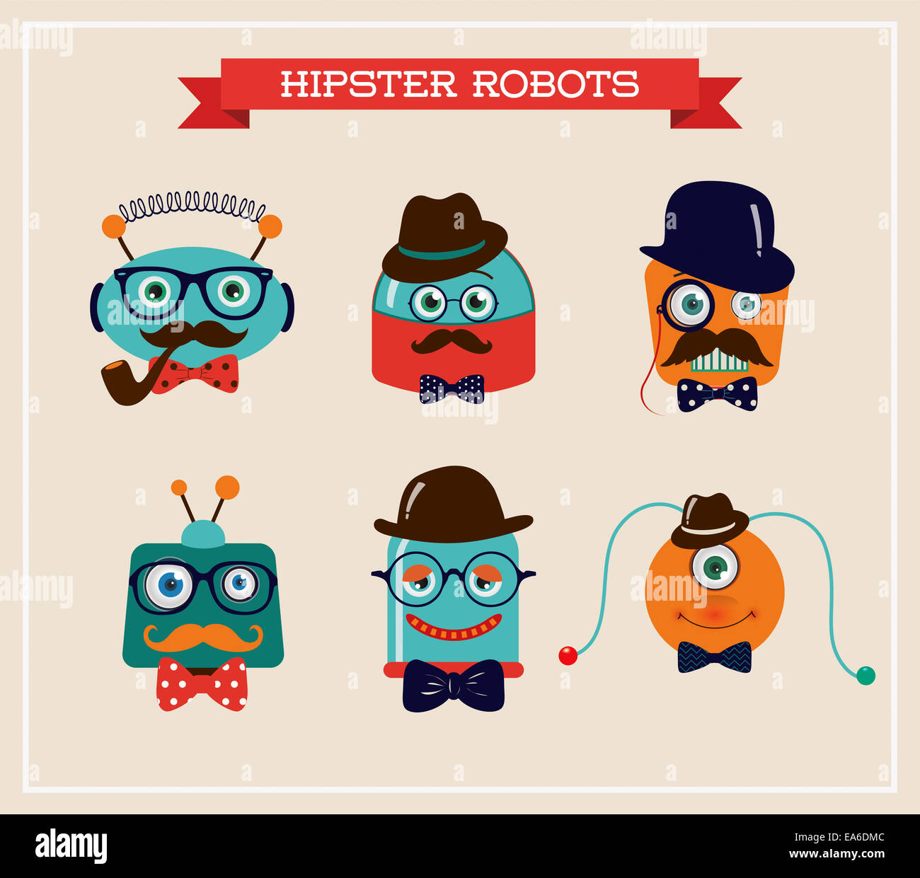 Ensemble de têtes de robots hipster rétro mignon Banque D'Images