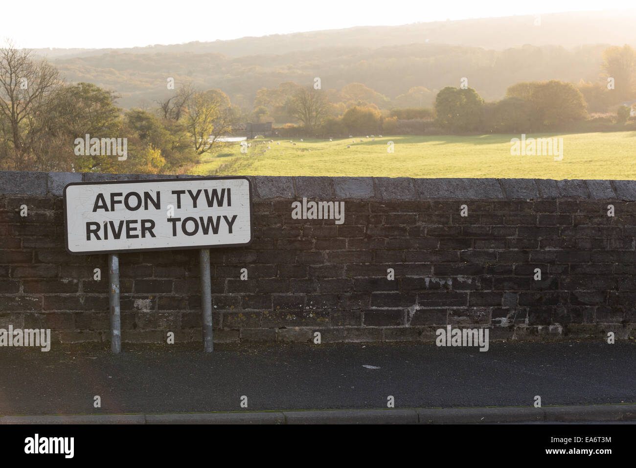 Afon Tywi/rivière Towy signe sur le pont juste à l'extérieur de la jolie ville de Carmarthenshire Llandeilo, à la campagne vers Banque D'Images