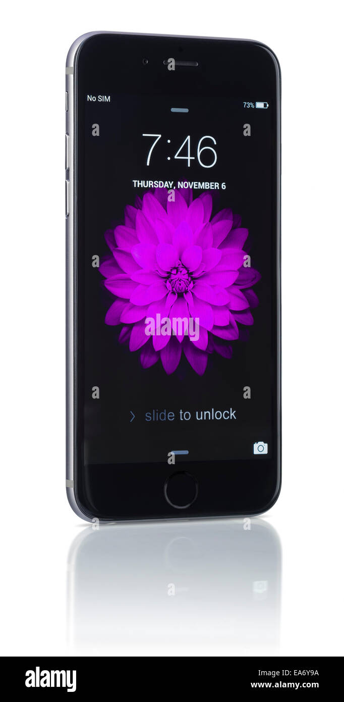 Espace Apple iPhone 6 gris montrant l'écran d'accueil avec iOS 8. Banque D'Images